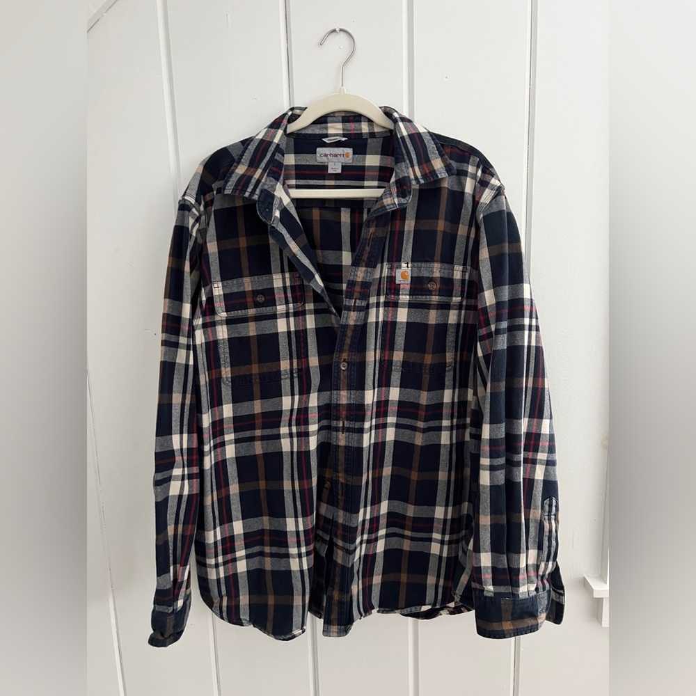 Carhartt Men's Plaid Button Down Shirt - Navy, White, and Brown